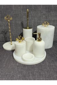 Mermer Banyo Setleri Beyaz 8 Parçalı Mermer Banyo Seti