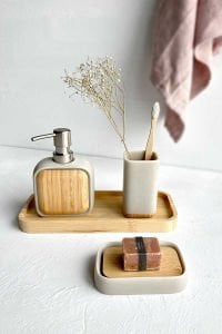 Primanova Sau 4'Lü Banyo Seti (Tepsi, Sıvı Sabunluk, Katı Sabunluk, Diş Fırçalık)