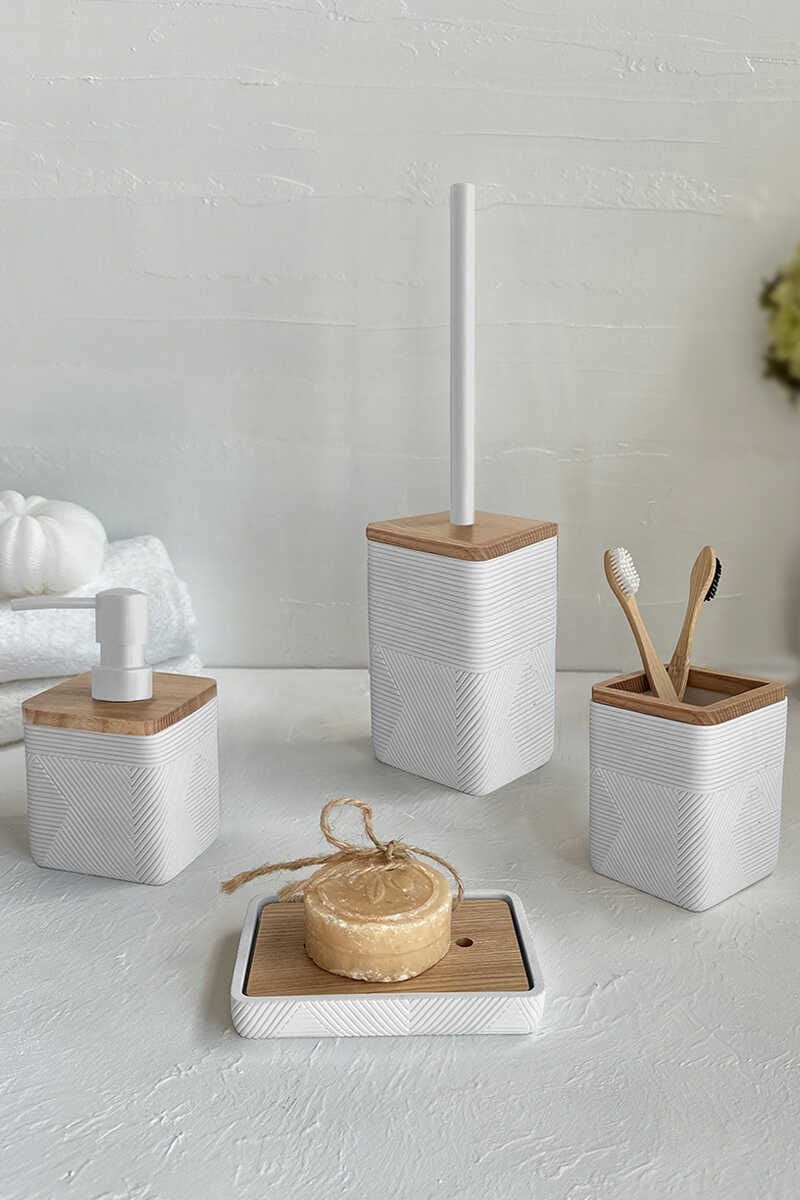 Primanova Madera 4'Lü Banyo Seti (Klozet Fırçası, Sıvı Sabunluk, Katı Sabunluk, Diş Fırçalık)