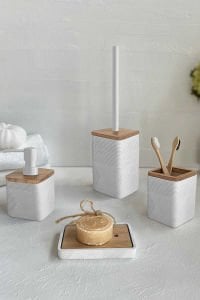 Primanova Madera 4'Lü Banyo Seti (Klozet Fırçası, Sıvı Sabunluk, Katı Sabunluk, Diş Fırçalık)