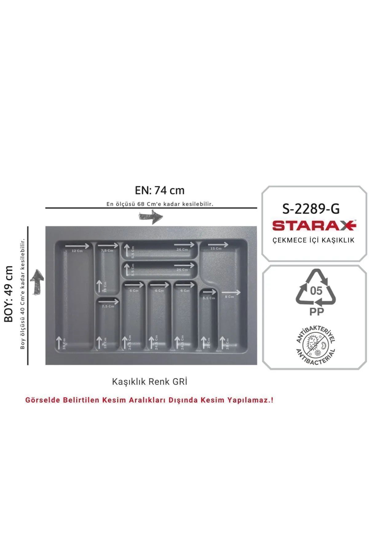 Starax Çekmece İçi Kaşıklık Gri Çekmece içi Düzenleyici 74x49cm